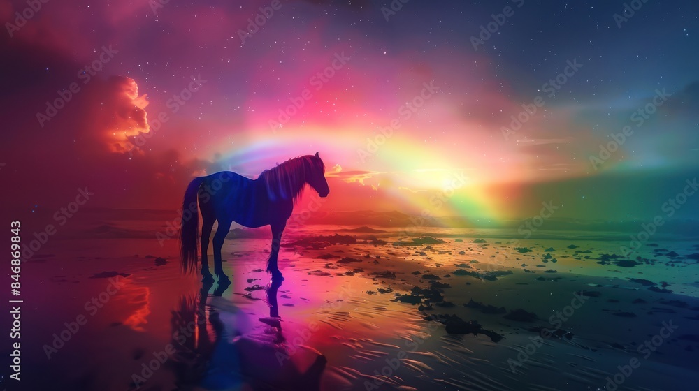 Illustrate the beauty of dreams and aspirations with a striking stock photo featuring a surreal rainbow horse against a dark, dreamy background, inspiring hope and wonder. Illustrate the beauty of dreams and aspirations with a striking stock photo featuring a surreal rainbow horse against a dark, dreamy background, inspiring hope and wonder.