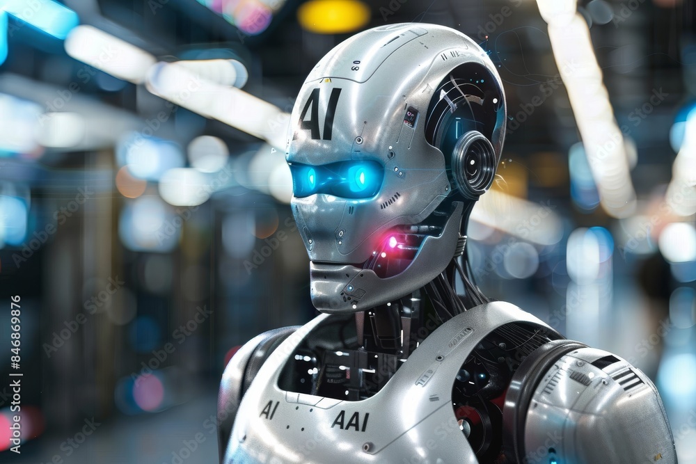 AI humanoid robot with vibrant neon lights and intricate details in a high tech environment reflecting advanced technology and innovation AI humanoid robot with vibrant neon lights and intricate details in a high tech environment reflecting advanced technology and innovation