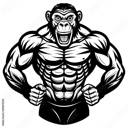 front shot bodybuilder posing with chimpanzee face vector illustration