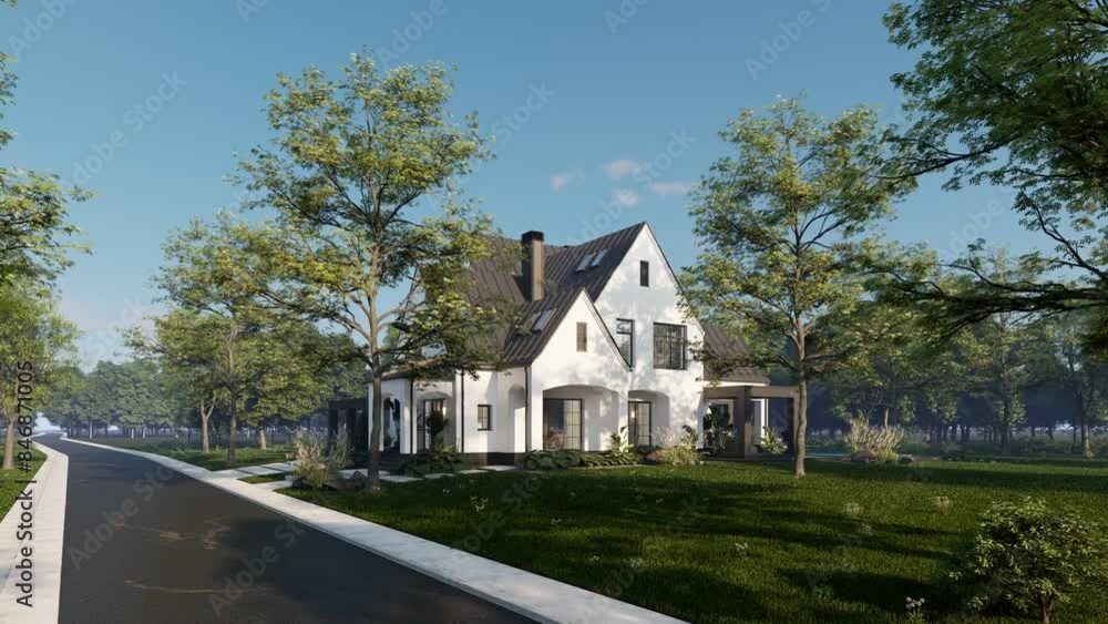 4K video rendering of cute cozy white and black modern Tudor style house with parking and pool for sale or rent with beautiful landscaping. Fairy roofs. Clear sunny summer day with blue sky 4K video rendering of cute cozy white and black modern Tudor style house with parking and pool for sale or rent with beautiful landscaping. Fairy roofs. Clear sunny summer day with blue sky