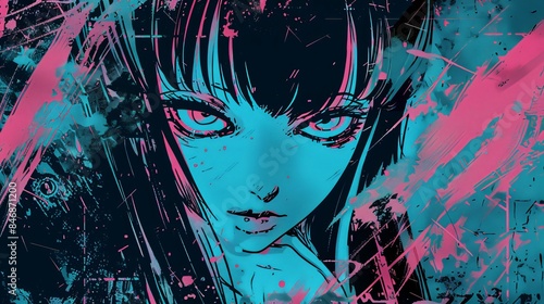 Cool grunge neon blue and pink y2k anime girl manga with a negative photocopy effect. retrowave vintage design