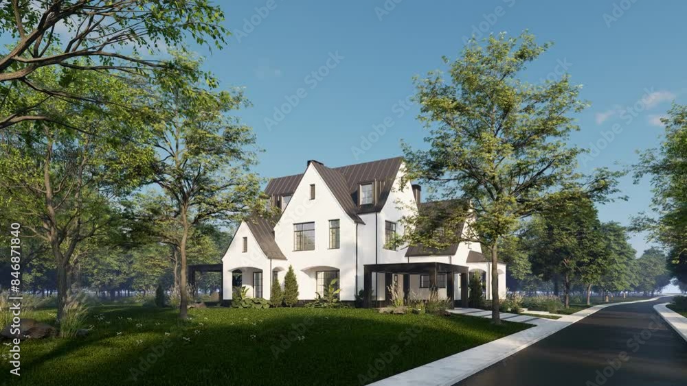 4K video rendering of cute cozy white and black modern Tudor style house with parking and pool for sale or rent with beautiful landscaping. Fairy roofs. Clear sunny summer day with blue sky 4K video rendering of cute cozy white and black modern Tudor style house with parking and pool for sale or rent with beautiful landscaping. Fairy roofs. Clear sunny summer day with blue sky