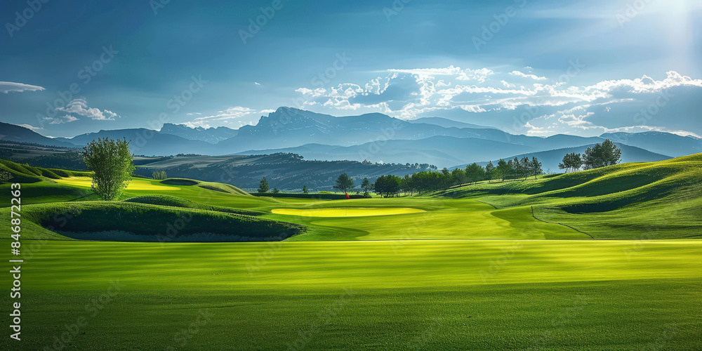 Obraz premium Picturesque golf course with rolling green hills, surrounded by scenic landscapes and distant mountains under a clear blue sky, perfect for leisure and outdoor activities..