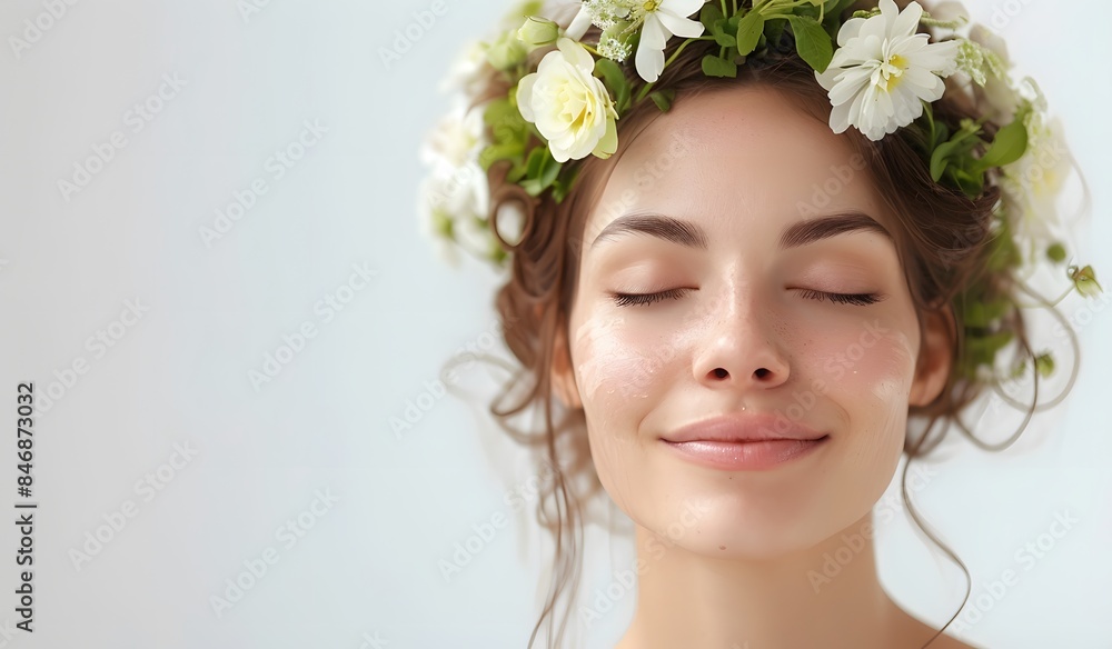 Woman with flowers in her hair on a white background, her eyes closed and a happy expression Woman with flowers in her hair on a white background, her eyes closed and a happy expression