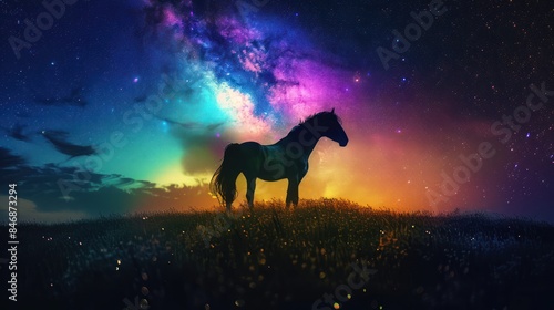 Craft an eye-catching stock photo that celebrates the magic of nature, featuring a majestic rainbow horse set against a serene, starlit night sky.  photo