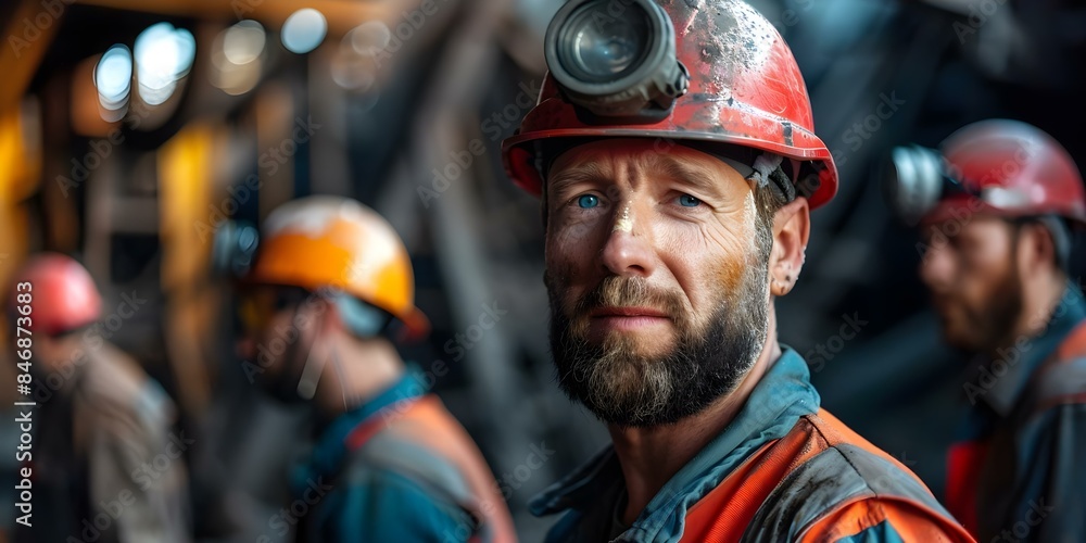 Miners in helmets face challenges after coal mine explosion seeking evacuation. Concept Coal Mining, Occupational Hazards, Emergency Evacuation, Miner Safety, Workplace Accidents Miners in helmets face challenges after coal mine explosion seeking evacuation. Concept Coal Mining, Occupational Hazards, Emergency Evacuation, Miner Safety, Workplace Accidents