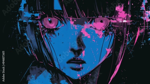 Cool grunge neon blue and pink y2k anime girl manga with a negative photocopy effect. retrowave vintage design