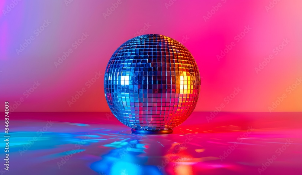 Obraz premium Vibrant disco ball illuminated with colorful lights, symbolizing the energy and excitement of night life in an elegant nightclub setting