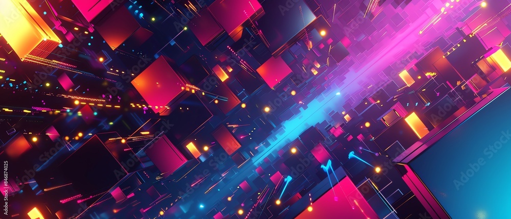 Abstract digital art with glowing neon squares and lines. 3D geometric shapes. Abstract digital art with glowing neon squares and lines. 3D geometric shapes.
