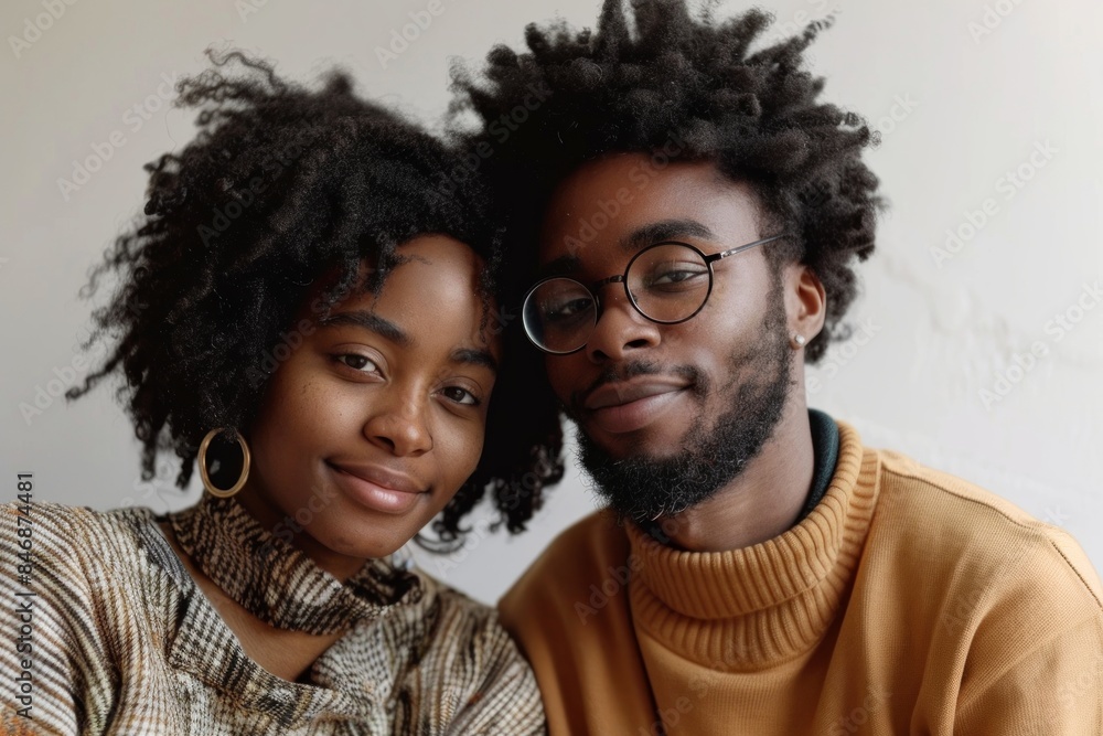 Portrait of a blissful afro-american couple in their 30s dressed in a comfy fleece pullover over minimalist or empty room background Portrait of a blissful afro-american couple in their 30s dressed in a comfy fleece pullover over minimalist or empty room background