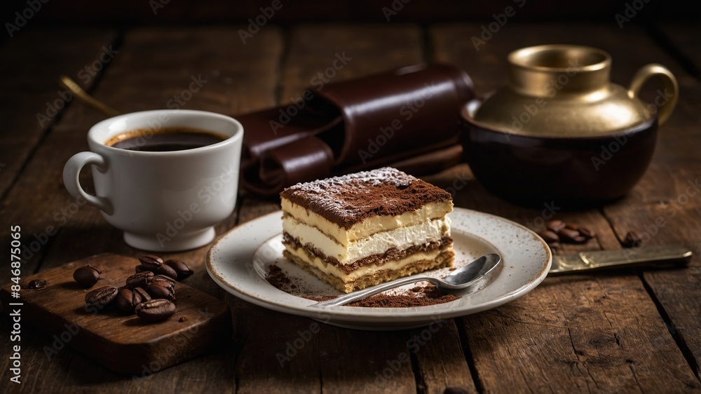 A slice of cake is on a plate next to a cup of coffee A slice of cake is on a plate next to a cup of coffee