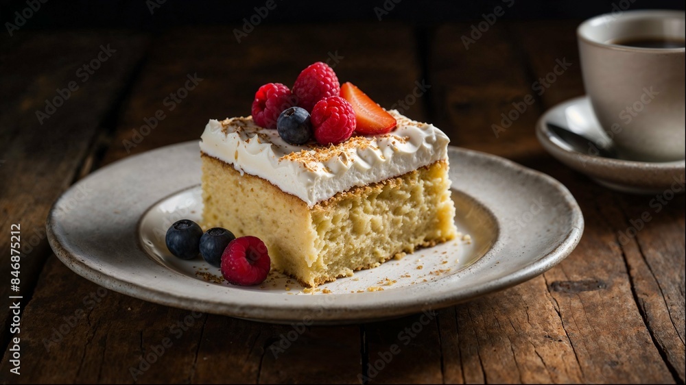 A slice of cake with blueberries and strawberries on top of a white plate A slice of cake with blueberries and strawberries on top of a white plate