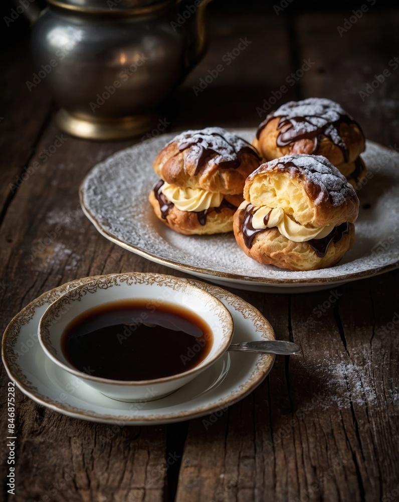 A plate of four profiteroles lies on a wooden table next to a cup of coffee A plate of four profiteroles lies on a wooden table next to a cup of coffee