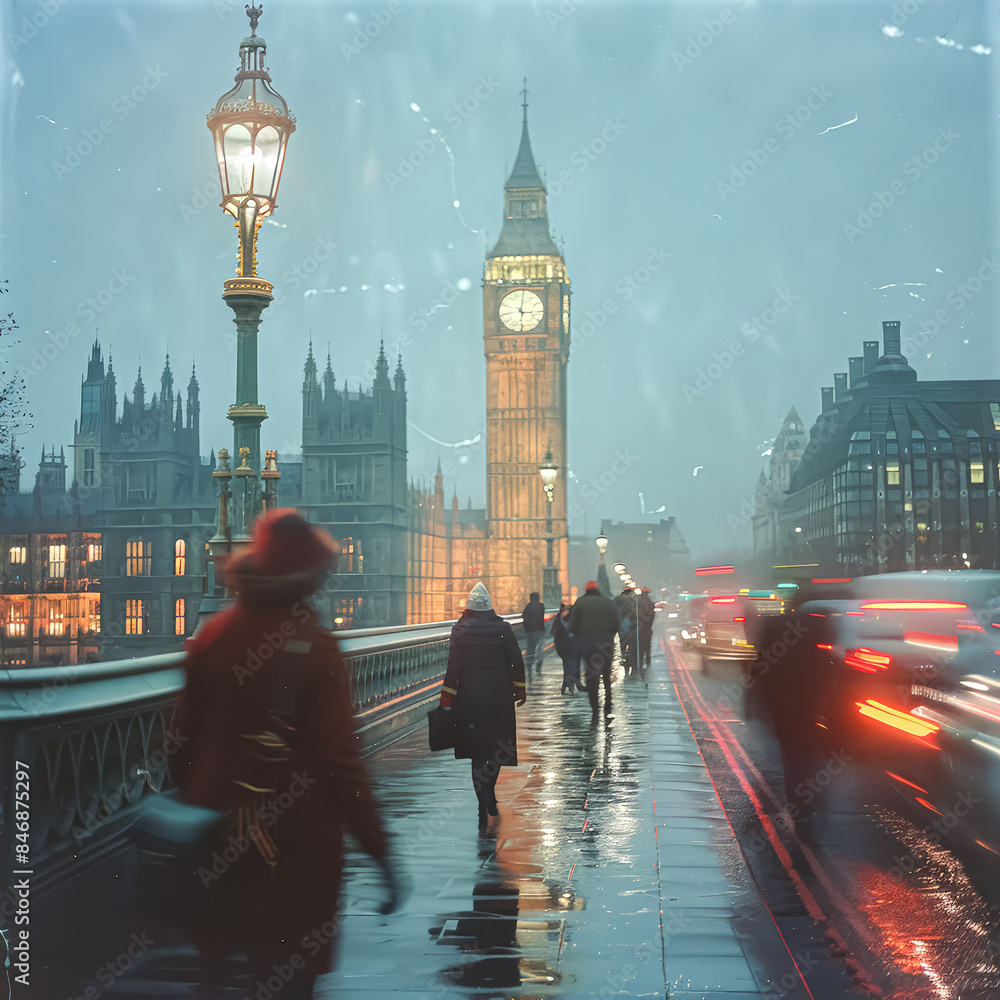 Obraz premium A group of people walk across a bridge in London, with a clock tower in the background. The scene is rainy and the people are carrying umbrellas