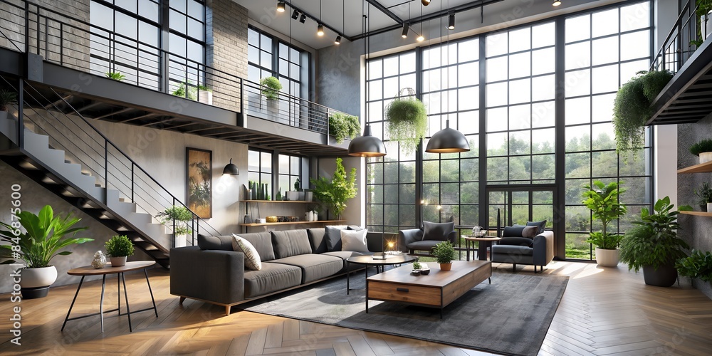 The minimalist, loft interior design of a living room with black elements in a modern house with high ceilings, view windows, stylish furniture, modern light sources and decorative plants The minimalist, loft interior design of a living room with black elements in a modern house with high ceilings, view windows, stylish furniture, modern light sources and decorative plants