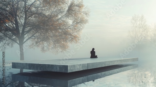 person sitting on a floating bench in a minimalist, surreal park photo