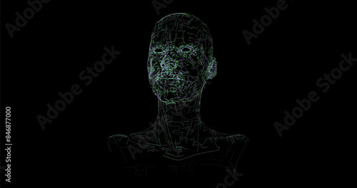 Abstract Vector Bust of a Man in Technological Style with Green and Blue Glowing Lines on a Black Background. Vector illustration