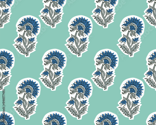 INDIAN TRADITIONAL FLORAL SANGANERI BLOCK PRINT SEAMLESS PATTERN VECTOR ILLUSTRATION