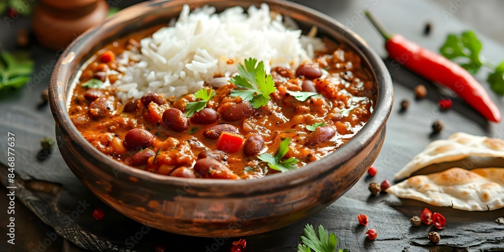 Indian dish rajma curry with rice. Concept To make rajma curry for rice, you will need kidney beans, onions, tomatoes, garlic, ginger, coriander, cumin, turmeric, chili powder, garam masala Indian dish rajma curry with rice. Concept To make rajma curry for rice, you will need kidney beans, onions, tomatoes, garlic, ginger, coriander, cumin, turmeric, chili powder, garam masala
