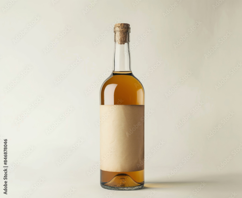 Against a white background, a glass bottle with a brown label. Against a white background, a glass bottle with a brown label.