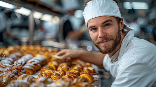 A male baker in chef attire smiling at the camera with delicious golden pastries in the background