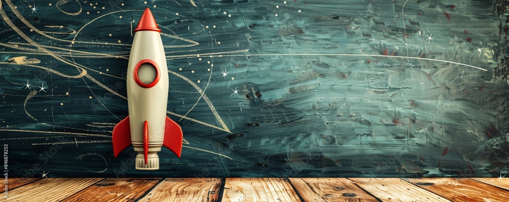 Red and white toy rocket launching from a chalkboard background with a ...