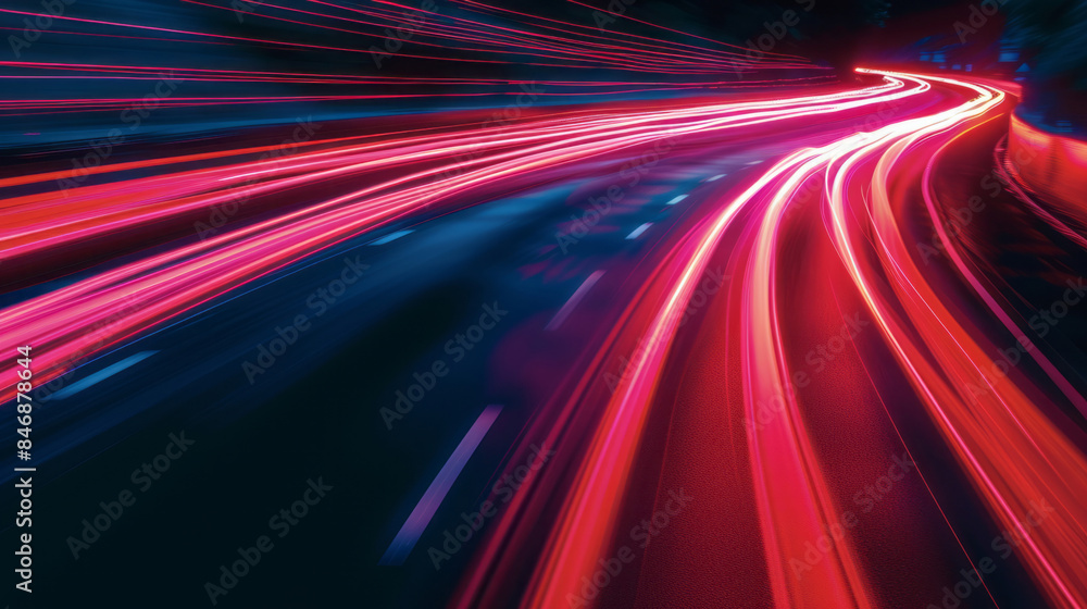 A car drives down a road, leaving behind red light trails and colorful curves. A car drives down a road, leaving behind red light trails and colorful curves.