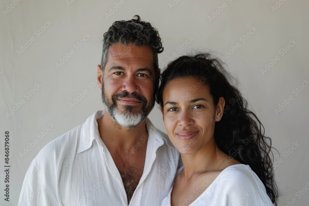 Portrait of a tender mixed race couple in their 40s wearing a classic white shirt in front of minimalist or empty room background Portrait of a tender mixed race couple in their 40s wearing a classic white shirt in front of minimalist or empty room background