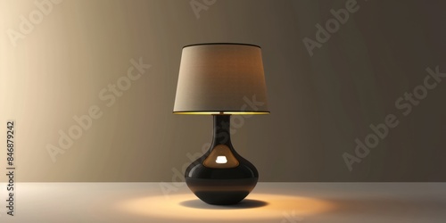 A table lamp sitting on a white base, characterized by a style of realistic chiaroscuro.
