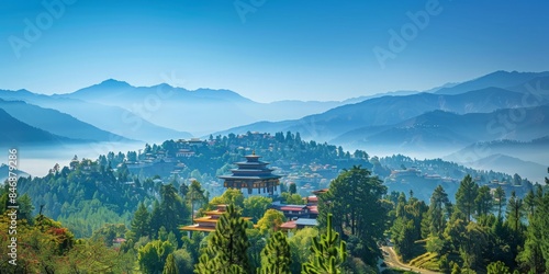 Tashichho Dzong in Thimphu Bhutan skyline panoramic view photo
