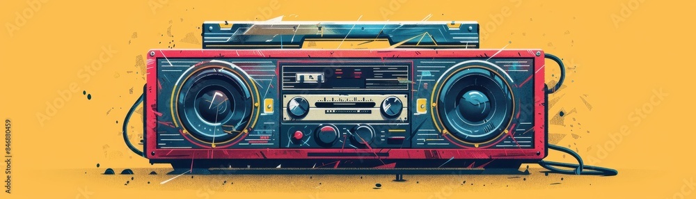 Fototapeta premium Minimalist illustration of a vintage boombox with bright accents