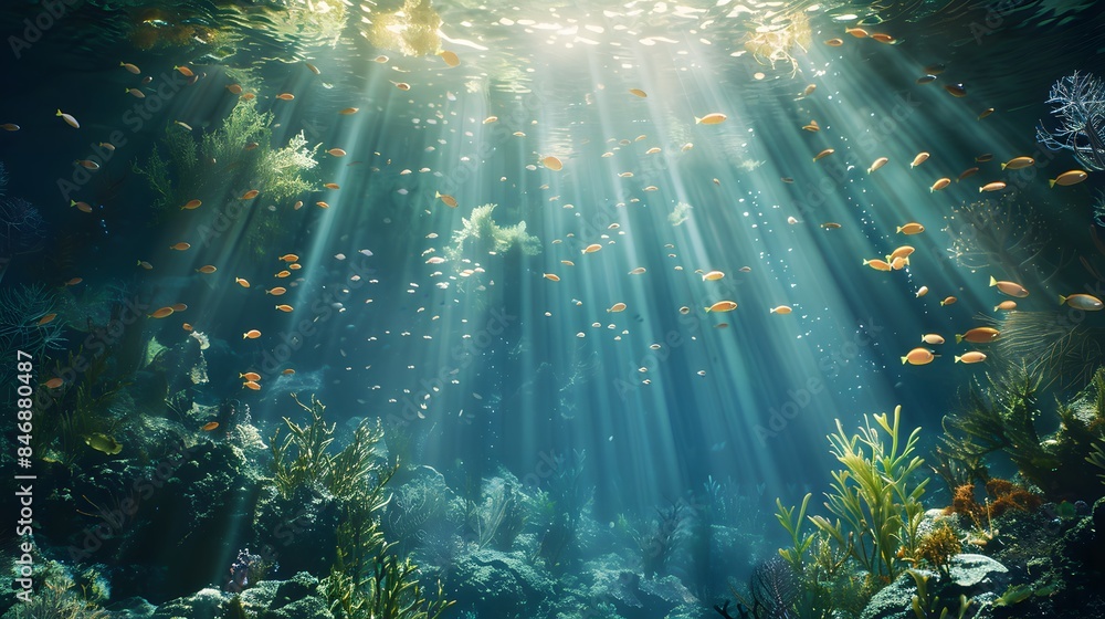 Obraz premium Beautiful underwater scenery with various types of fish and coral reefs Generative AI