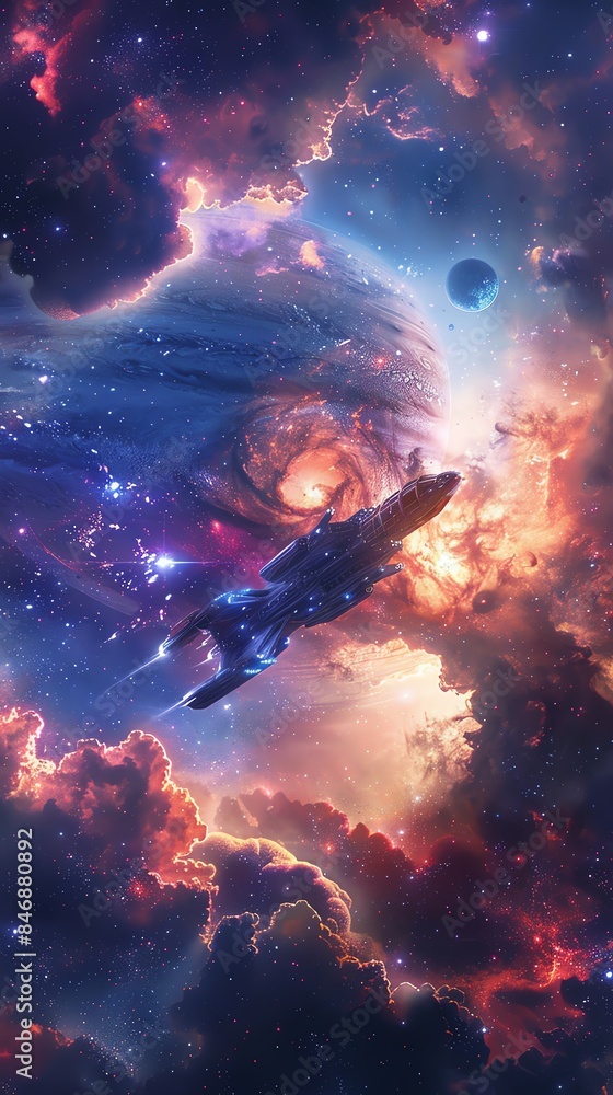 A deep space scene with a vibrant nebula, distant planets, and a sleek spacecraft exploring. A deep space scene with a vibrant nebula, distant planets, and a sleek spacecraft exploring.