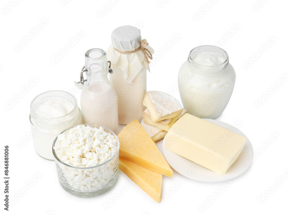 Different fresh dairy products isolated on white Different fresh dairy products isolated on white
