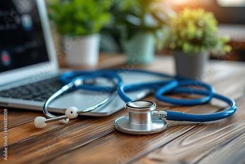 healthcare and medicine background Medical stethoscope and laptop computer on table with copy space Online medical, e-health education, Health business web banner