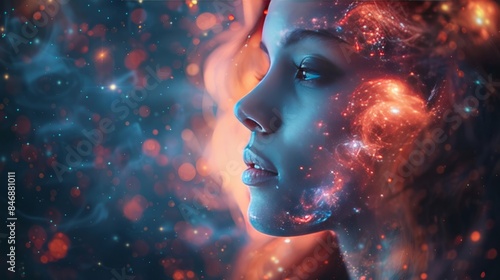 Woman's face is surrounded by a galaxy of stars and is glowing with a warm, vibrant light. Concept emotional intelligence, mindfulness, minds, science, abstract intellect, genius, psychology