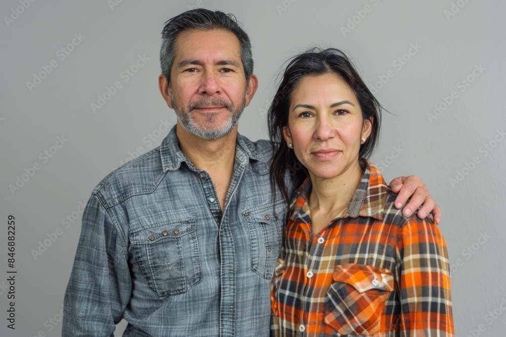 Portrait of a tender latino couple in their 40s dressed in a relaxed flannel shirt isolated in minimalist or empty room background Portrait of a tender latino couple in their 40s dressed in a relaxed flannel shirt isolated in minimalist or empty room background