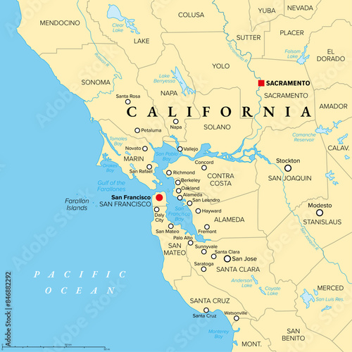 San Francisco Bay Area, a region of the U.S. state California, political map with counties and largest cities. An area that surrounds and include the San Francisco Bay, which is a large tidal estuary.