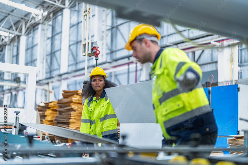 Fototapeta premium male and female technician engineers checking the process on Heavy machine. mechanical engineering team production. Industry manufacturing. Worker holding tablet and folde. High technology production.