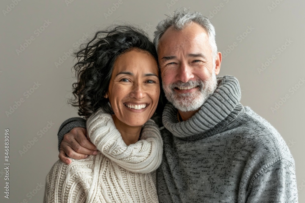 Portrait of a happy multiethnic couple in their 40s wearing a thermal fleece pullover isolated in minimalist or empty room background Portrait of a happy multiethnic couple in their 40s wearing a thermal fleece pullover isolated in minimalist or empty room background