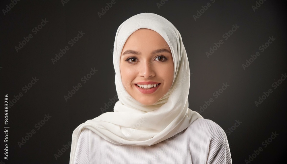 hijab woman wearing with scarf smile looking to the camera; studio shot against black backrgound hijab woman wearing with scarf smile looking to the camera; studio shot against black backrgound