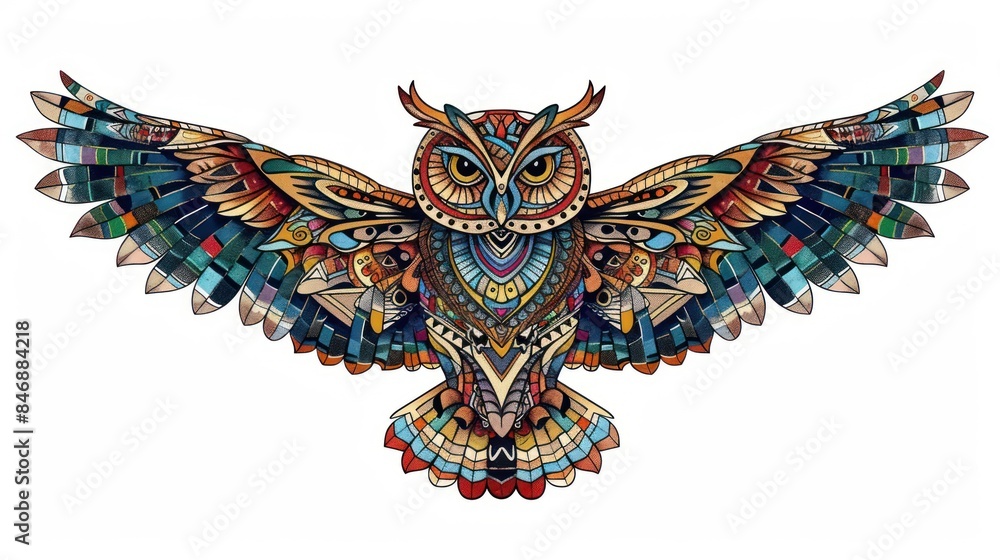 Obraz premium Visualize the serenity and wisdom of owls with a captivating stock photo featuring a colorful mandala owl design, elegantly isolated against a white backdrop for a modern and sophisticated look. 