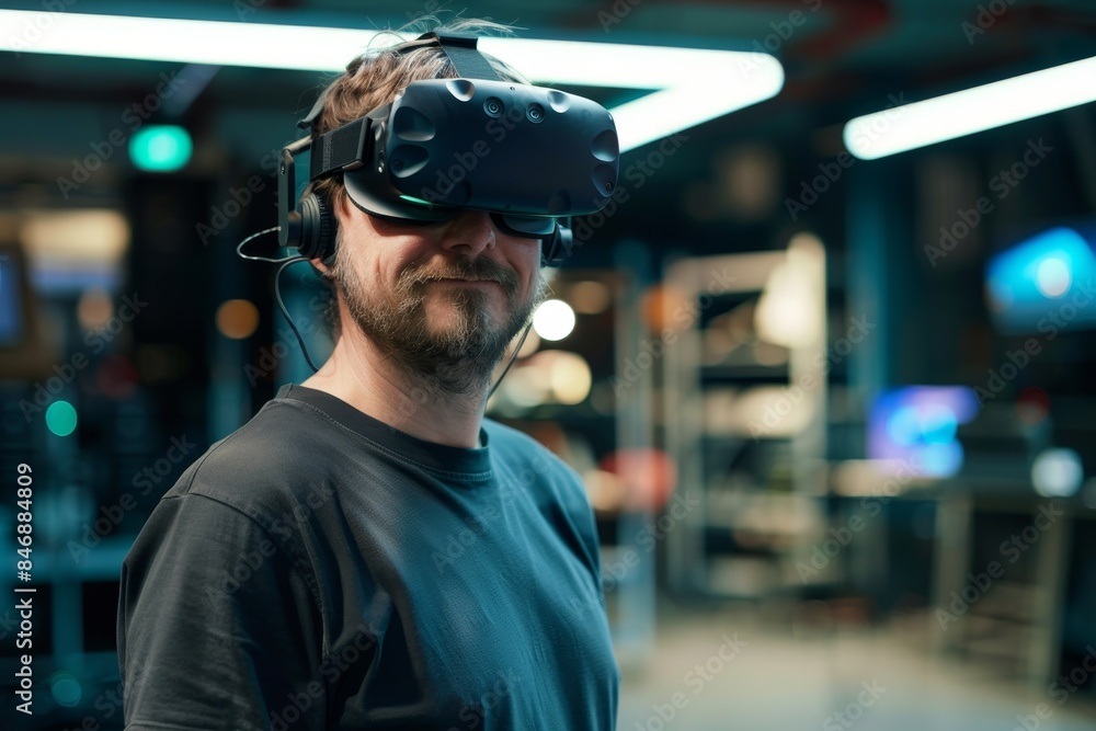 Bearded man wearing virtual reality headset in the office. Bearded man wearing virtual reality headset in the office.