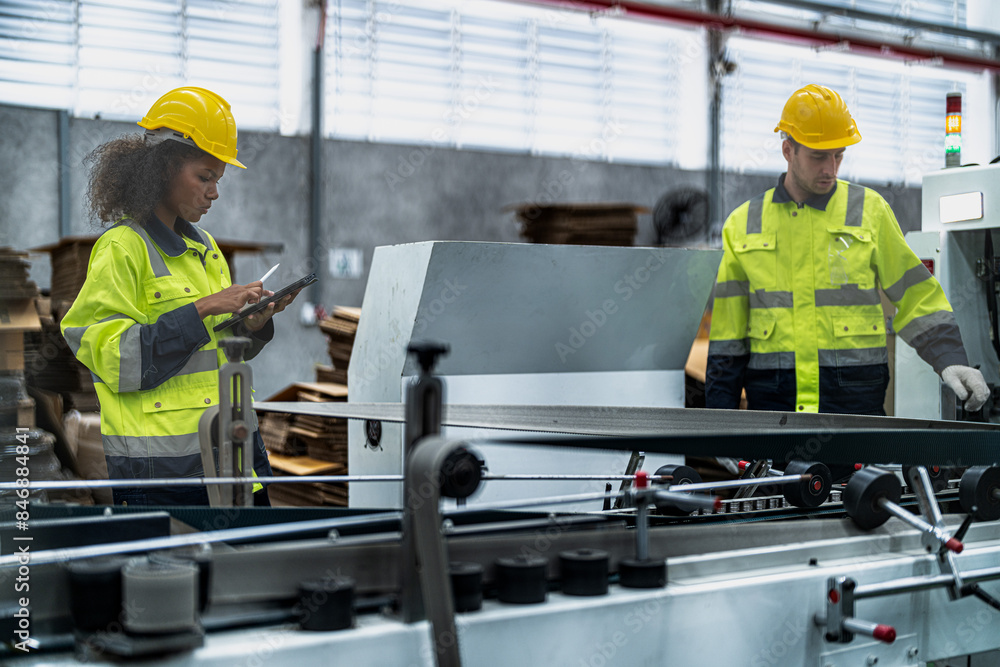 male and female technician engineers checking the process on Heavy machine. mechanical engineering team production. Industry manufacturing. Worker holding tablet and folde. High technology production. male and female technician engineers checking the process on Heavy machine. mechanical engineering team production. Industry manufacturing. Worker holding tablet and folde. High technology production.