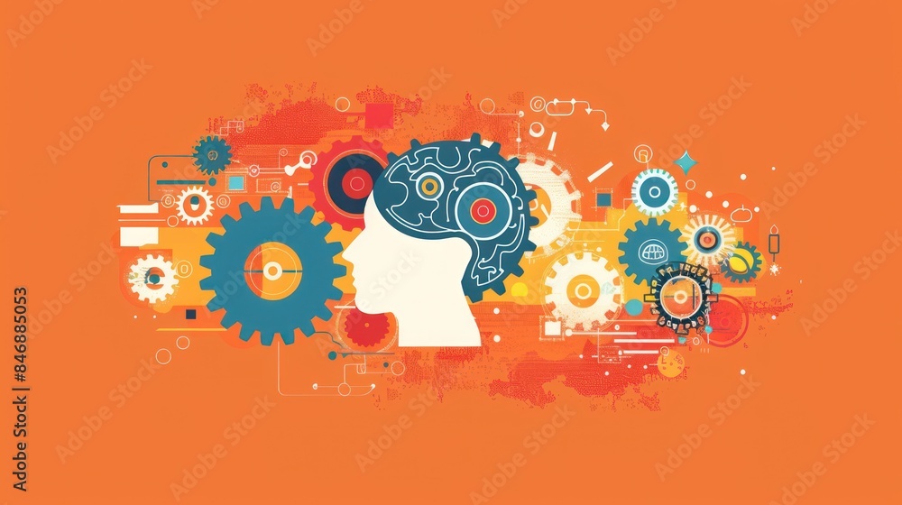 Capture the essence of technological advancement with a captivating stock photo featuring gear wheels in vector flat illustration style, paired with a creative mind pictogram. Capture the essence of technological advancement with a captivating stock photo featuring gear wheels in vector flat illustration style, paired with a creative mind pictogram.