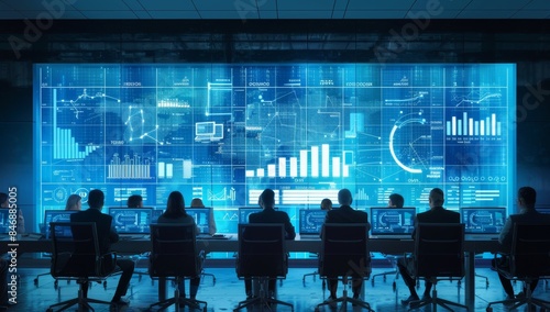 The business team in the conference room with a large digital screen displaying analytics and graphs, symbolizing data-driven business decision making for market performance.