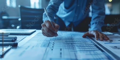 An engineer working on a blueprint in an office. photo