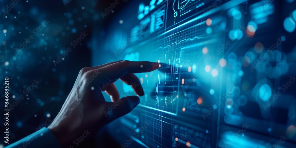 The hand of a person in a dark room touching a glowing blue futuristic interface. The hand of a person in a dark room touching a glowing blue futuristic interface.