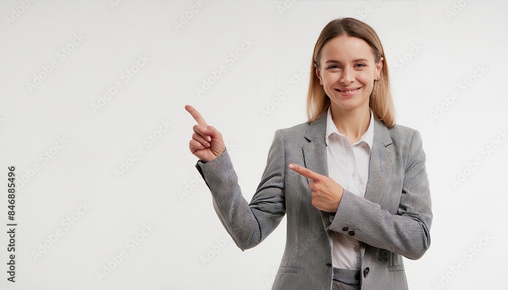 Cheerful Caucasian manager in grey suit pointing at free space isolated over white background Cheerful Caucasian manager in grey suit pointing at free space isolated over white background