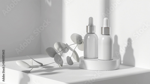 Beauty Serum Dropper Mockup on Minimal Background - 3D Rendered Cosmetic Pipette Bottle for Mock Package Design. Stock Illustration Concept.